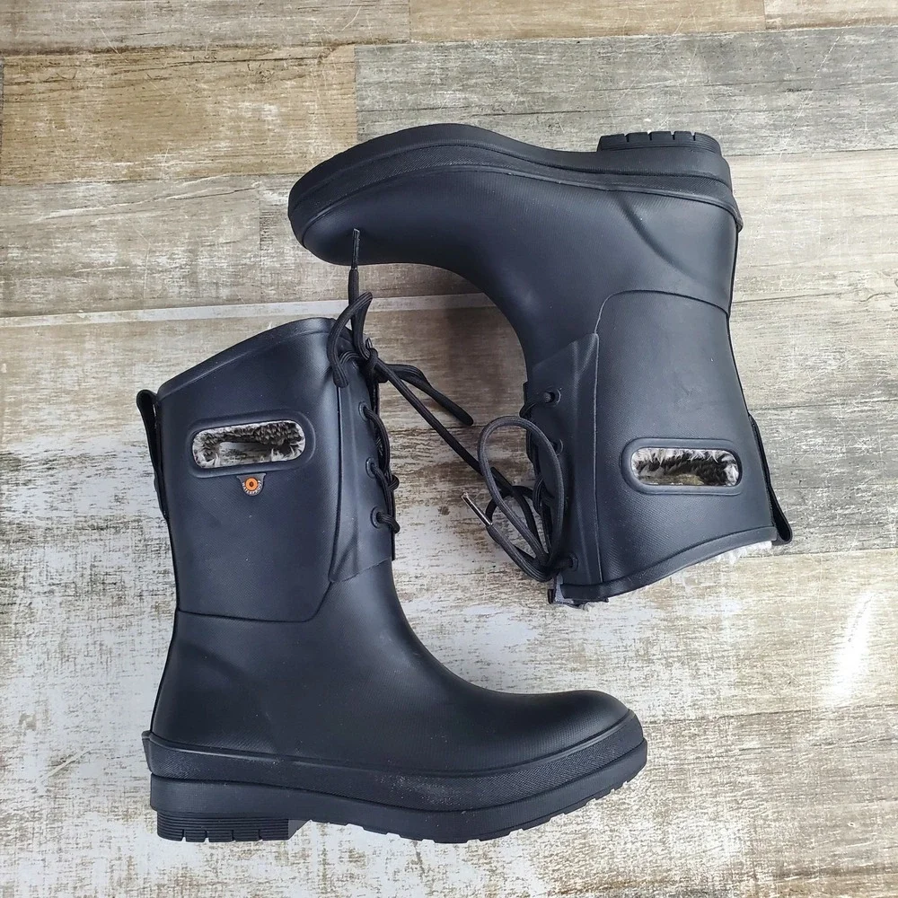 BOGS Amanda II Women Lace Waterproof Rain Boots Sz 6 Black Plush Comfort Lace Up